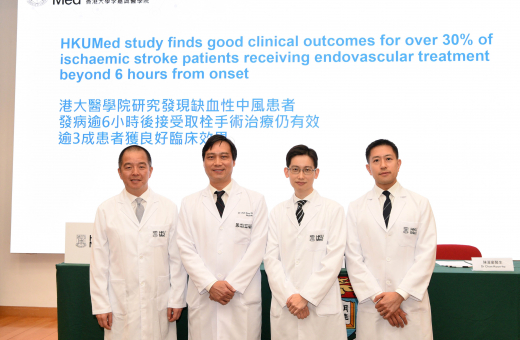 HKUMed research team finds that over 30% of ischaemic stroke patients who received intra-arterial mechanical thrombectomy had a good clinical outcome even after six hours of the onset of symptoms. (From left) Professor Gilberto Leung Ka-kit, Dr Chan Koon-